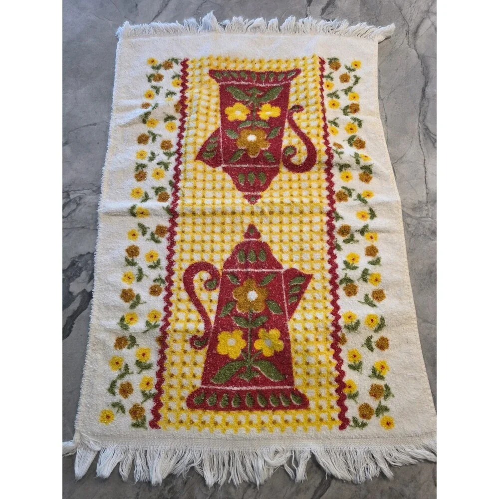 Vintage 1970s Kitchen Hand Towel Coffee Pot Tea Kettle Floral Lattice Fringe Ret
